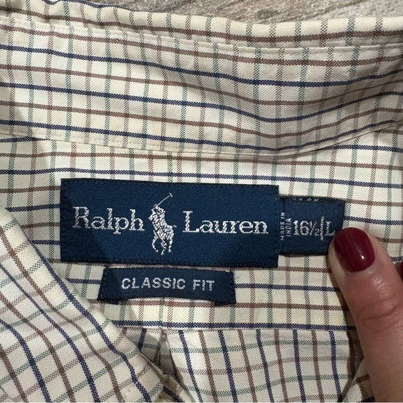 Ralph Lauren Classic Fit Long Sleeve Button Shirt Beige Navy Check Sz L 16.5 - Picture 9 of 9